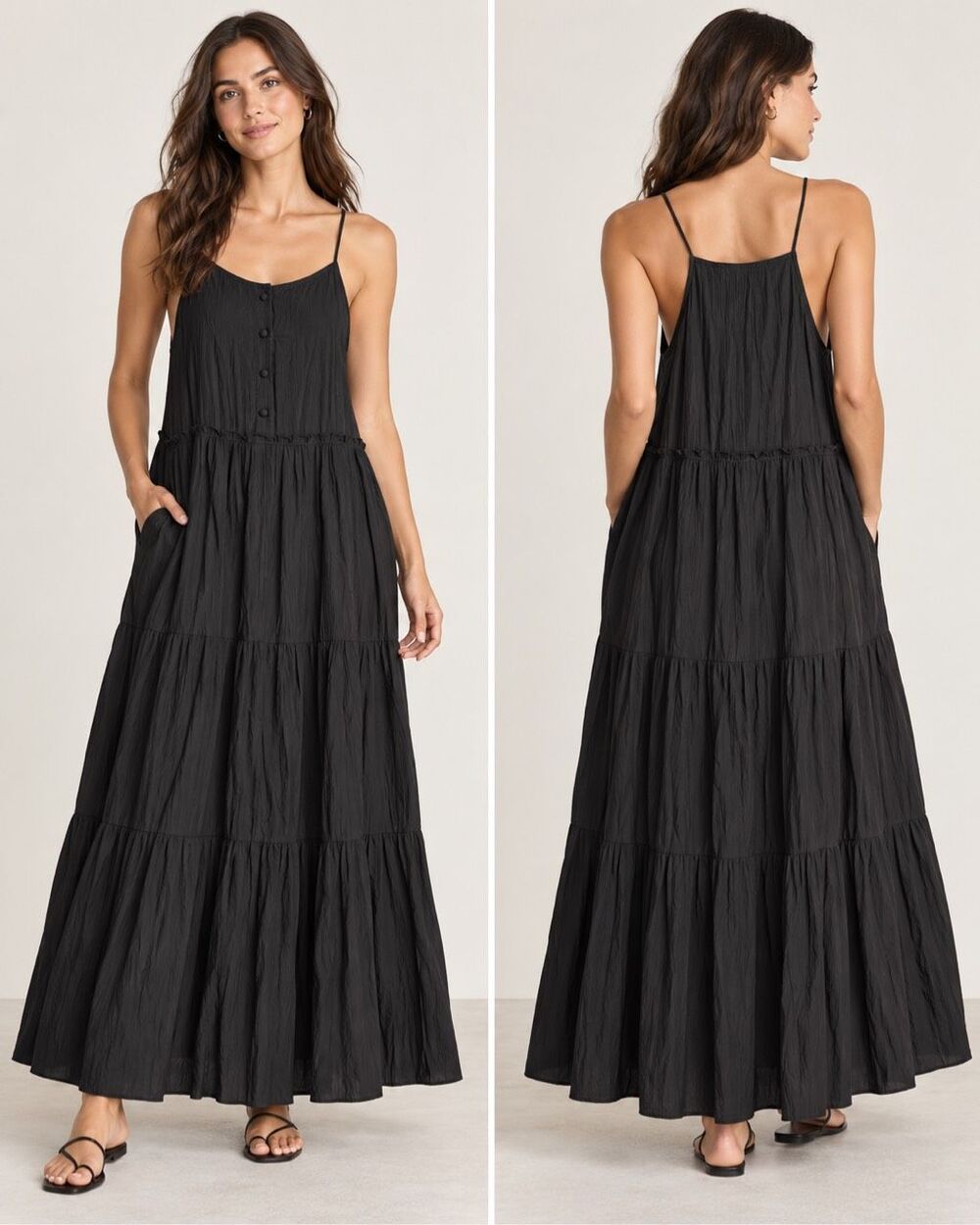 Calista Black Crinkle Tiered Maxi Dress Size Med Sleeveless Spaghetti Strap Boho